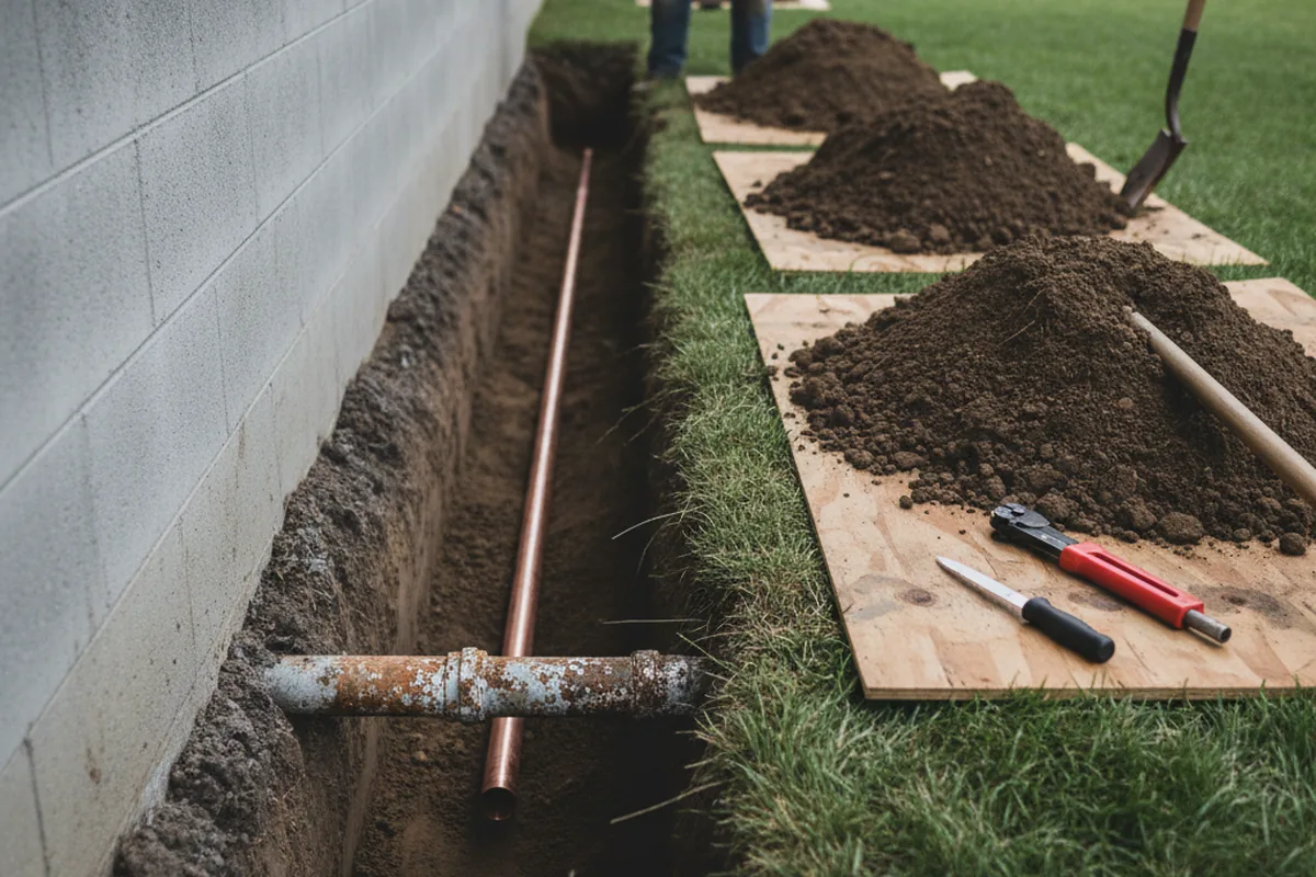 Excavated water line trench during Water Softener Installation in New Waverly